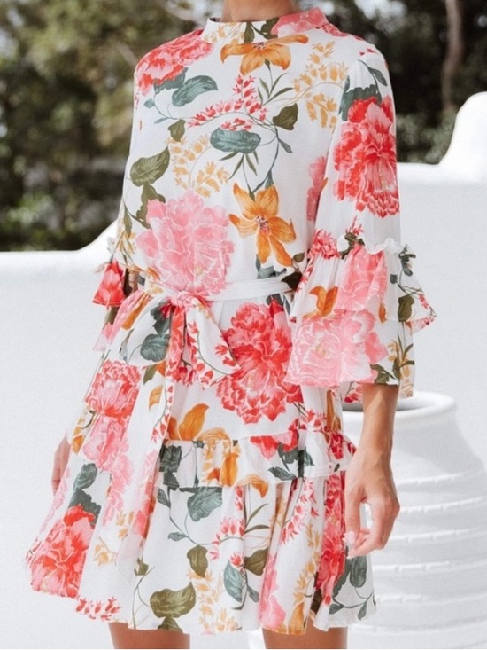 Petal & Pup Dresses & Skirts - Petal & Pup | White Tiered Mini Dress with Pink & Green Floral